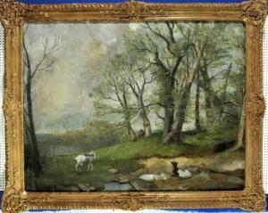 FRÖHLICH Otto 1869-1940,Hirte sitzt im Schatten eines Baumes, 
seine Ziege,Allgauer DE 2011-04-14