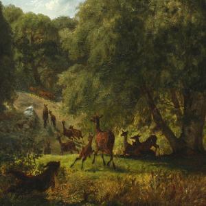 FRÖLICH Lorenz 1820-1908,A herd of deer is chased by a dog,1853,Bruun Rasmussen DK 2016-02-22