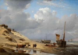FRANCIA Alexandre Thomas 1813-1884,A Dutch beach scene with a cowherdess and fishin,1842,Venduehuis 2023-11-15