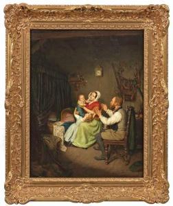 FRANCKEN Theodor,Familienidyll in der Stube An einer Wiege sitzende,1849,Schloss 2020-02-29