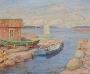 FRANG Thomas 1889-1968,Kystlandskap med båter og naust,Christiania NO 2016-02-15