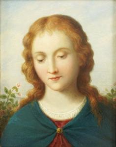 FRANK Julius 1826-1908,Junge Frau mit gesenktem Blick in einem Rosengarten,1895,Zeller DE 2014-09-18