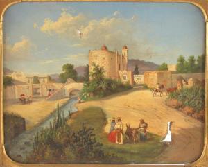 FRANK P,Landschaft mit reicher Personenstaffage und malerischem Städtchen,1861,Zeller DE 2012-07-05
