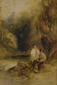 FRANK Walter Arnee 1808-1897,Children fishing by a mill,Clevedon Salerooms GB 2023-01-05