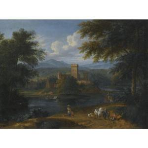 Fransa Adriena Boudewijnsa,A WOODED RIVER LANDSCAPE WITH TRAVELLERS ON A PATH,Sotheby's 2010-04-29