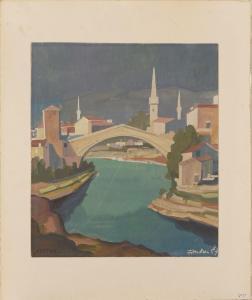 Frantzen Peter 1913-2003,Mostar: Blick auf die Stari-Most-Brücke,1957,DAWO Auktionen DE 2021-10-08