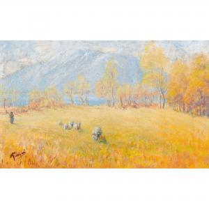 FRANZONI Albert 1857-1930,Herbstliche Wiese mit Schafherde vor einem See,Dobiaschofsky CH 2013-05-15