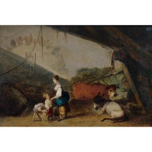 FRENCH SCHOOL,young mother and her child in a cowshed,1780,Tajan FR 2017-10-27