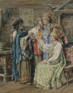 FRENZEL Oskar 1855-1915,A FORTUNE TELLER WITH THREE YOUNG WOMEN IN,1912,Hargesheimer Kunstauktionen 2021-11-04