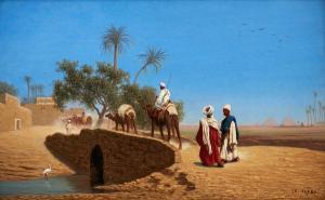 FRERE Ch. Theodore, Bey 1814-1888,A caravan crossing a bridge near the pyramids of ,Uppsala Auction 2023-12-12