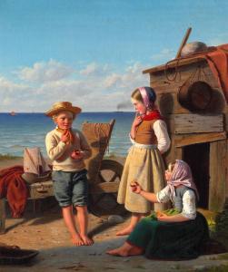 Friedlænder Julius,Fiskerbørn i Begreb med at slutte en Tuskhandel,1857,Bruun Rasmussen 2023-03-06