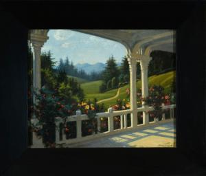 FRIEDLINGER Jeno 1890-1963,Blick von einer Terrasse in Landschaft,Allgauer DE 2022-01-13