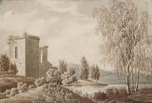 FRIEDRICH Caspar David 1774-1840,Landscape with Church Ruins near a Lake,Swann Galleries 2004-01-29