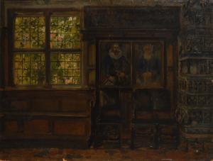 FRIEDRICH Harald 1858-1933,Interieur mit Kachelofen und Gemälden,Wendl DE 2018-10-25
