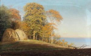 FRITZ Andreas,Forest landscape with haystacks at Aarhus Bay,1883,Bruun Rasmussen 2022-08-29