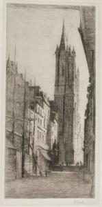 FROOD Hester 1882-1971,city street scene with a tall church in the backgr,888auctions CA 2022-12-15