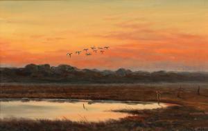 FROST Sergius 1900-1994,Landscape with bird migration at sunset,1930,Bruun Rasmussen DK 2022-02-21
