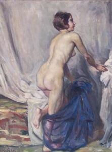 FUHRY Richard 1882,Weiblicher Rückenakt mit blauem Tuch,Auktionshaus Quentin DE 2004-10-23