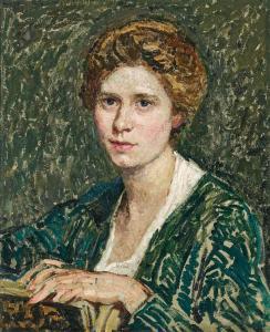 FUNKE Helene,Dame in gestreiftem Kleid / Portrait of a lady in ,1906,Palais Dorotheum 2023-11-28