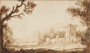 FURNERIUS Abraham 1628-1654,A hilly landscape with figures approaching a castl,Christie's 2014-12-10