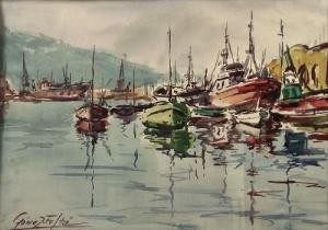 GÓMEZ FUSTÉ VICENÇ 1924,Continental harbour scene with boats,Canterbury Auction GB 2012-07-10