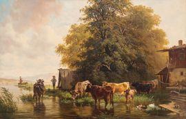GÖTZELMANN Eduard 1830-1903,Paysage animé aux vaches,Marambat-Camper FR 2021-12-09