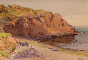 GAGEN Robert Ford 1847-1926,COVE WITH BOATS AND FISHING SHEDS,1909,Hodgins CA 2022-11-28