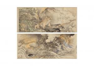 GAHO HASHIMOTO 1835-1908,DRAGON AND TIGER (drafts of a pair of six-fold scr,Ise Art JP 2022-07-09