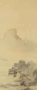 GAHO HASHIMOTO 1835-1908,Landscape with tower,Mainichi Auction JP 2023-07-29