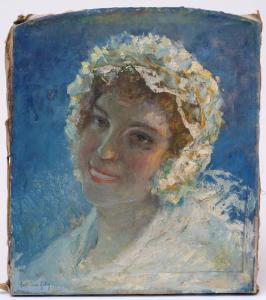 GALEY Gaston Pierre 1880-1959,Brustbild einer lachenden jungen Frau mit weißer H,Bloss DE 2017-09-25