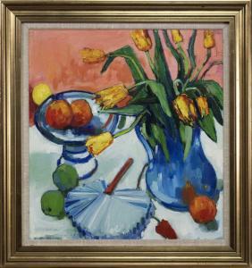 GALLAGHER Mary 1953,YELLOW TULIPS, FRUIT AND PAPER FAN,McTear's GB 2023-08-17