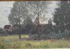 GAMPERT Otto 1842-1924,Landschaft mit Bäumen, im Hintergrund ein Dorf,Georg Rehm DE 2019-10-10