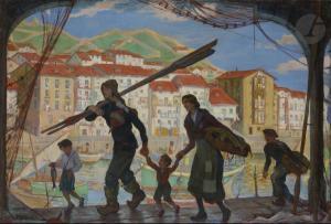 GARAVILLA Angel 1906-1961,Famille basque sur le port de Lekeitio,Ader FR 2021-04-16