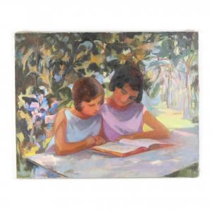 GARDETTE Sylvia 1900-1900,Mother & Daughter Reading in the Park,Leland Little US 2021-10-21