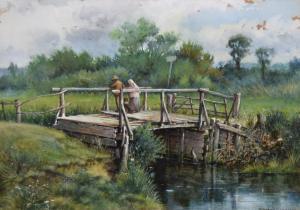 GARLAND Valentine Thomas,River landscape with figures on a bridge,Canterbury Auction 2022-08-06