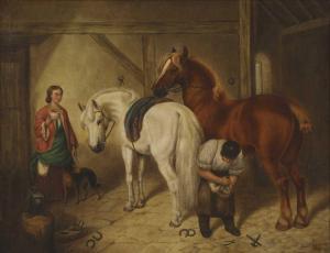 GARNER Frederick,A blacksmith shoeing two horses in a stable,1899,Sworders GB 2023-07-11