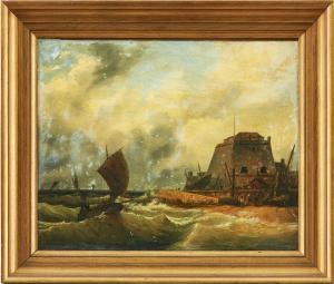 GARNERAY Louis Ambroise 1783-1857,Kustmotiv med befästning och båtar,1836,Uppsala Auction 2023-08-15