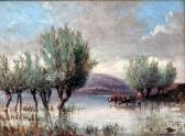 GAUCHEREL Léon 1816-1886,A figure watering her cattle on a lake in Southern,Martel Maides 2013-03-14