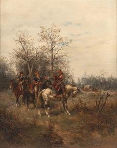 GEDLEK Ludwig 1847-1904,Four horsemen on patrol watching a covered wagon,Nagel DE 2023-11-08