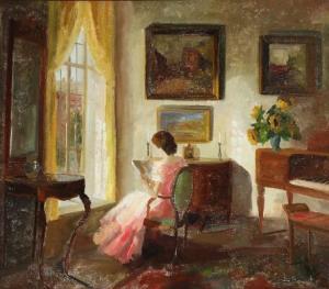 GEERT Edith 1908-1983,A sunny interior with a young woman reading by the,Bruun Rasmussen 2022-09-12
