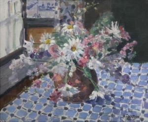 GEERTSEN HENRI 1892-1969,Stilleven met bloemenvaas op tafel bij venster,Bernaerts BE 2014-06-17