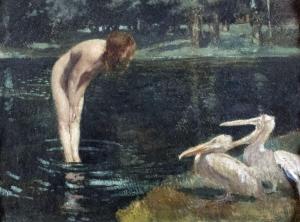 GEFFCKEN Walter 1872-1950,Encounter on the lakeside (Girl and pelicans),Peter Karbstein 2021-03-13