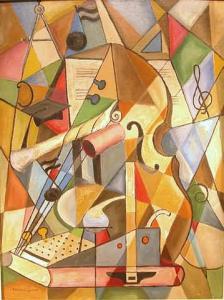 GEHMAN Mildred 1908-2006,Titled, “Symbols of Education”, Cubist still ,Alderfer Auction & Appraisal 2006-03-08