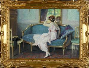 GELHAY Édouard 1856-1939,Femme assise sur un canapé,Galerie Moderne BE 2021-12-06