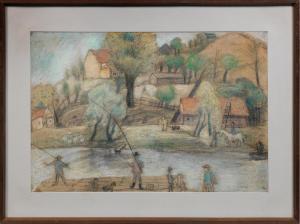 GENIN Robert 1884-1943,Dorf mit Figuren am Fluss Erzählerische Szene,Schloss DE 2021-09-04