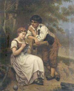GENNARI Maria Pietro 1837,Mädchen beim Stricken mit galantem Jüngling am Wa,1879,Dobiaschofsky 2008-05-21