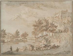 GENOELS Abraham II 1640-1723,Landscape with fishermen by a river by a castle on,Bernaerts 2009-12-14
