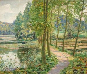 GEORGES HENRI Manesse 1854-1940,Allée ensoleillée bordant un étang,1915,Horta BE 2021-11-15