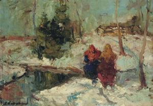 Georgii Aleksandrovich Lapshin 1885-1951,Figures in a winter landscape,Christie's GB 2007-11-28