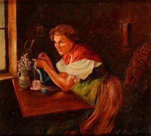 GERARD L,Knitting at the Table,20th century,Bamfords Auctioneers and Valuers GB 2021-08-04